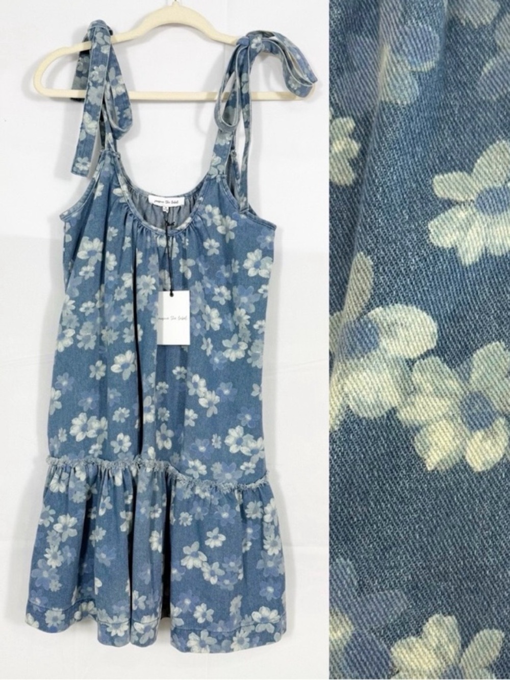 Jacquie The Label Denim Floral Printed Tie Babydoll Ruffle Hem Festival Dress